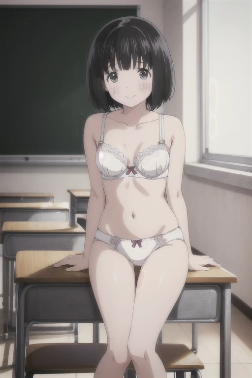 Alone,  1 girl,  Viewers, 2D, Anime, Anime coloring,  black hair,whole body,Small breasts、 (classroom:1.3), Kogma, Cute white bra、Cute white panties、blush,smile