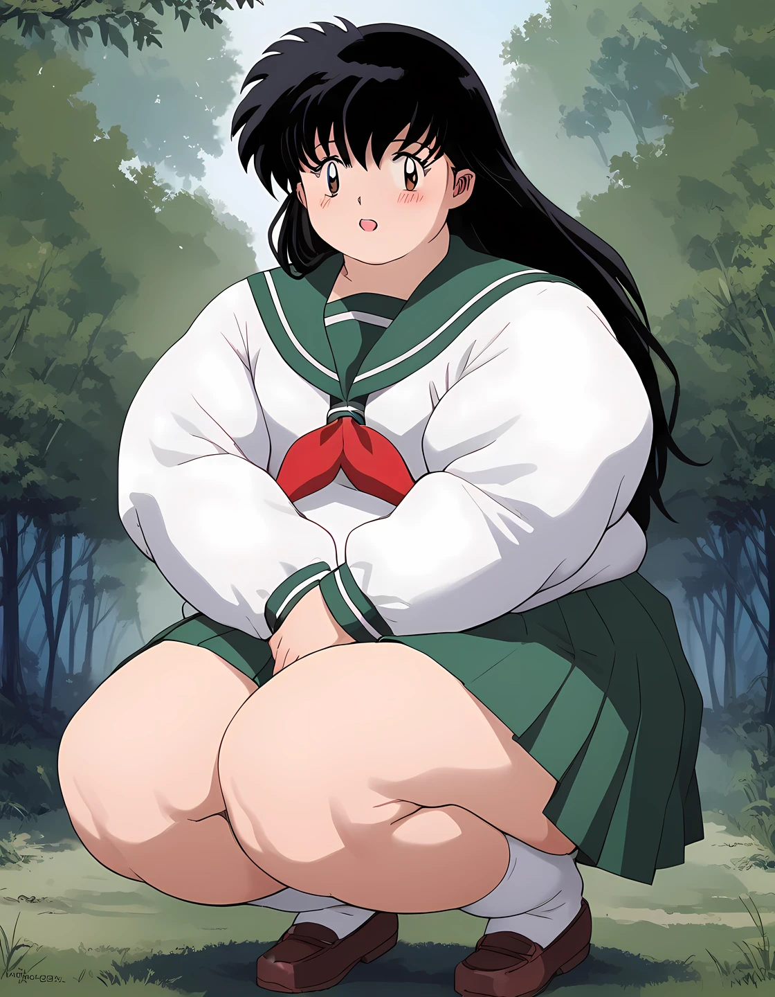 score_9, score_8_up, score_7_up, source_anime,
kagomehigurashi, kagome higurashi, long hair, black hair, retro artstyle, brown eyes, blush, open mouth,
skirt, shirt, long sleeves, school uniform, white shirt, pleated skirt, serafuku, sailor collar, neckerchief, green skirt, red neckerchief,
outdoors, forest, nature,
looking at viewer,  fat, chubby, obese, gigantic arms and legs,  squatting