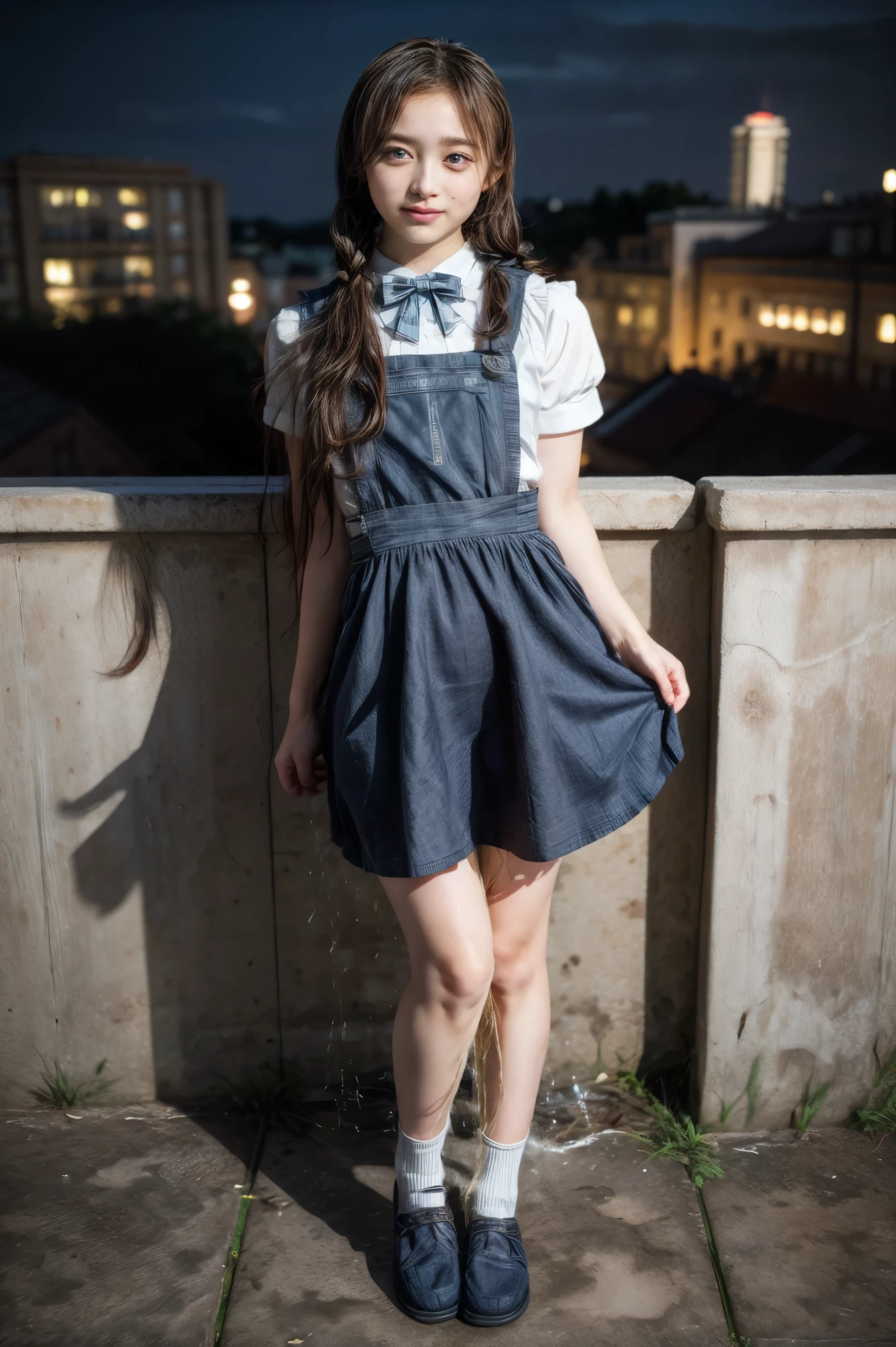 (masterpiece,best quality), (genuine, realistic, photo-realistic), 8k,RAW photo, high resolution photograph of a Japanese beautiful girl, solo, 1girl, a high school student, beautiful face,thin nose,(dark hair,straight hair, twintails hair, hair scrunchie:1.2), (dark-blue pinafore dress, bowtie, high school uniform:1.3), looking at viewer, (full body, standing, open legs, bowlegged, socks, loafers:1.5), (skirt lift, lifted by self, skirt 's hem grabbing:1.5), (peeing self, urination:1.6), (pee stain, pee running down her legs, pee puddle:1.2), view from below, photo background, Starbucks, coffee shop, terrace seats, cityscape,