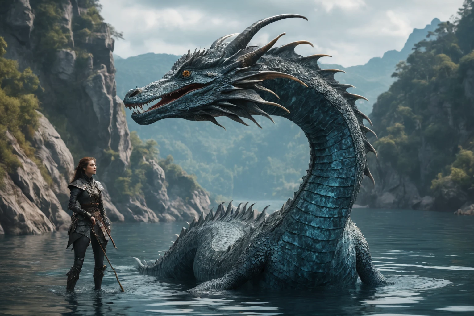 A sea serpent with an elongated face resembling a fish and 4 fins on its head under the clear water of a mountain lake. (1Tiefling  , young woman, blue-grey leather, ( a long, thick, smooth dragon blue-gray tail )), stands with its back to the lake ,  dynamic pose, speakers .  In the lake, under water, you can see a sea serpent with an elongated muzzle and 4 fins on its head.
( Muted dark cold colors). Hyper HD,  epic ， ultra-clear ，lights,   Textured leather  ,  high detail ,  high quality,  oil painting, masterpiece, ( Very detailed 4k wallpaper ), ( best illustration ), (the best shadow),  realistic ,  beautiful detailed glow ,  ray tracing /