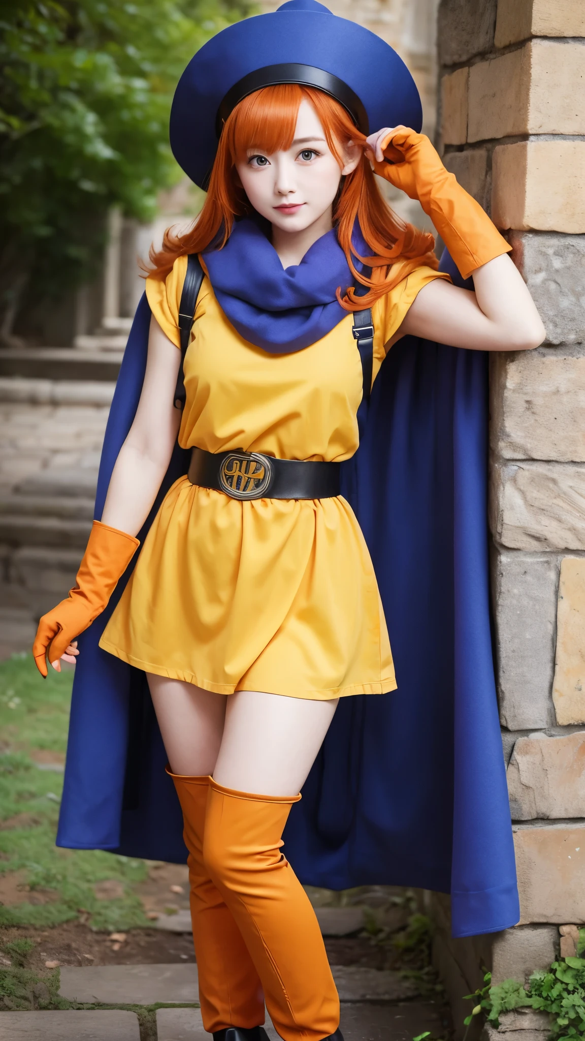 Girl、 has orange wavy hair and purple eyes I'm here。Wear a big blue hat、 also wears a blue cloak 。Wears a yellow tunic 、 has a waist tightened with black tights and a belt 。 wears orange gloves on her hands 、 wears orange boots around her feet 。Castle、
