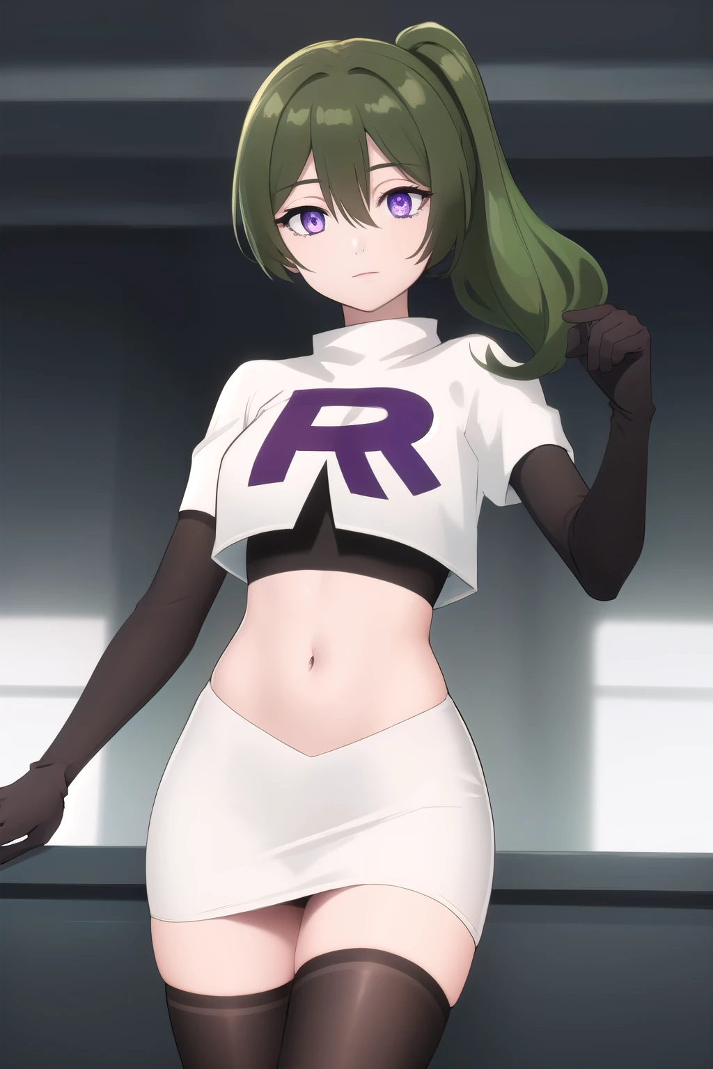 (masterpiece), best quality, high resolution, extremely detailed, detailed background, perfect lighting,ubel, medium hair, hair between eyes, green hair, side ponytail, (purple eyes:1.1), joyful eyes, cute pose, BREAK indoors, hot springs, BREAK looking at viewer, cowboy shot, BREAK, (masterpiece:1.2), best quality, high resolution, unity 8k wallpaper, (illustration:0.8), (beautiful detailed eyes:1.6), extremely detailed face, perfect lighting, extremely detailed CG, (perfect hands, perfect anatomy), solo, team rocket,team rocket uniform,white skirt,red letter R,crop top,black thigh-highs,black elbow gloves