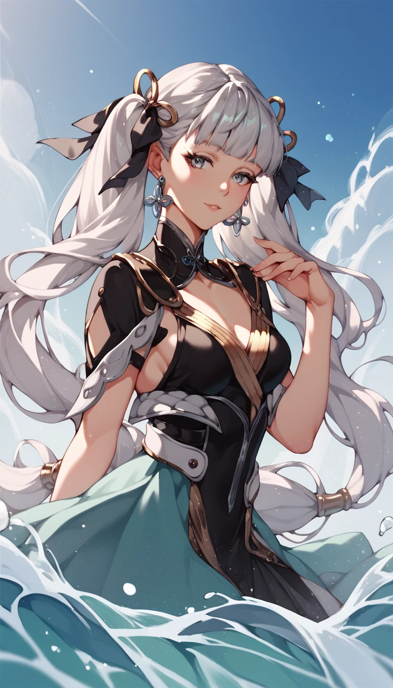 Hot beautiful jinhsi, wuthering waves,twin tails,long earrings ,silver hair,silver eyes,black dress 