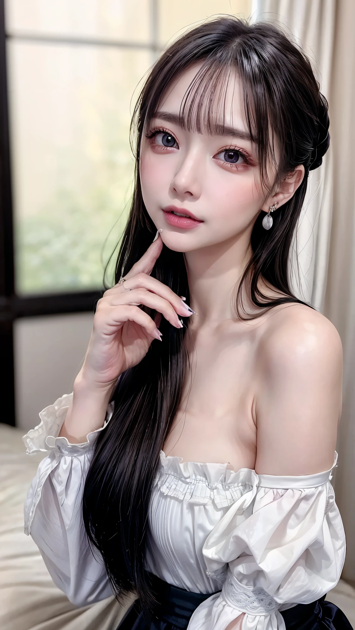 photo shoot, masterpiece,  best quality, 8k,  high definition ,  high definition ,  absurd:1.2,  Kodak Portra 400, film grain, Blurred Background, Bokeh:1.2,  lens flare , ( bright color :1.2), 1 girl,  purple eyes,  Movie Lighting、Purple and black hair  、Female CEO、(Whitening:1.5),(clear)、( earrings for a woman alone、たくさんの earrings for a woman alone)、((Heavy makeup、,  glowing skin 、  realistic skin texture  、Beautiful Skin))、  Blue Movie Picture  、( full shot :1.8),Thin arms、Narrow shoulders、 thin waist、Slender body、(( small breasts))