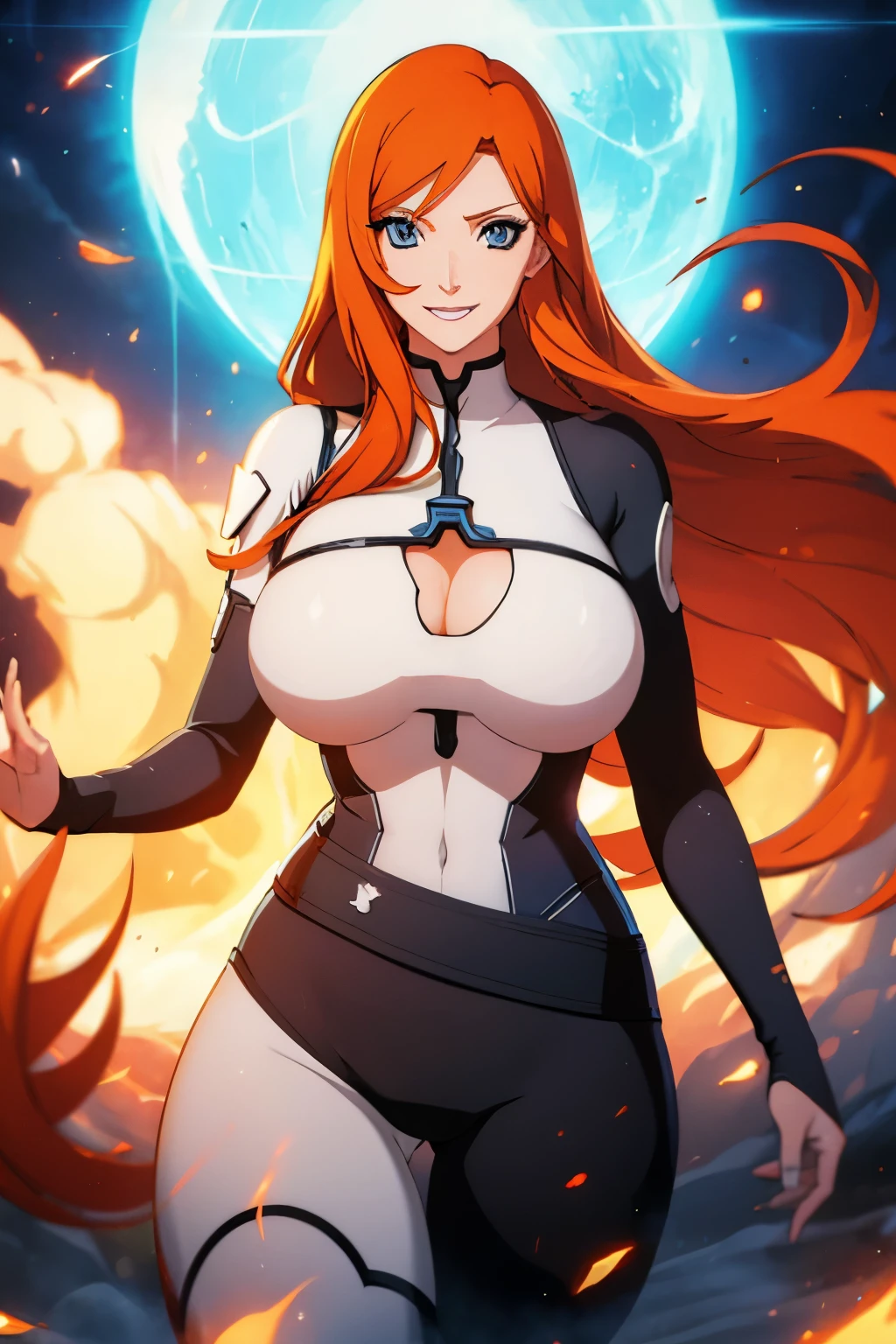 Woman , long orange hair, ginger hair, blue eyes, smiling, White cyber armor, black pants, big boobs, wide hips, large thighs,