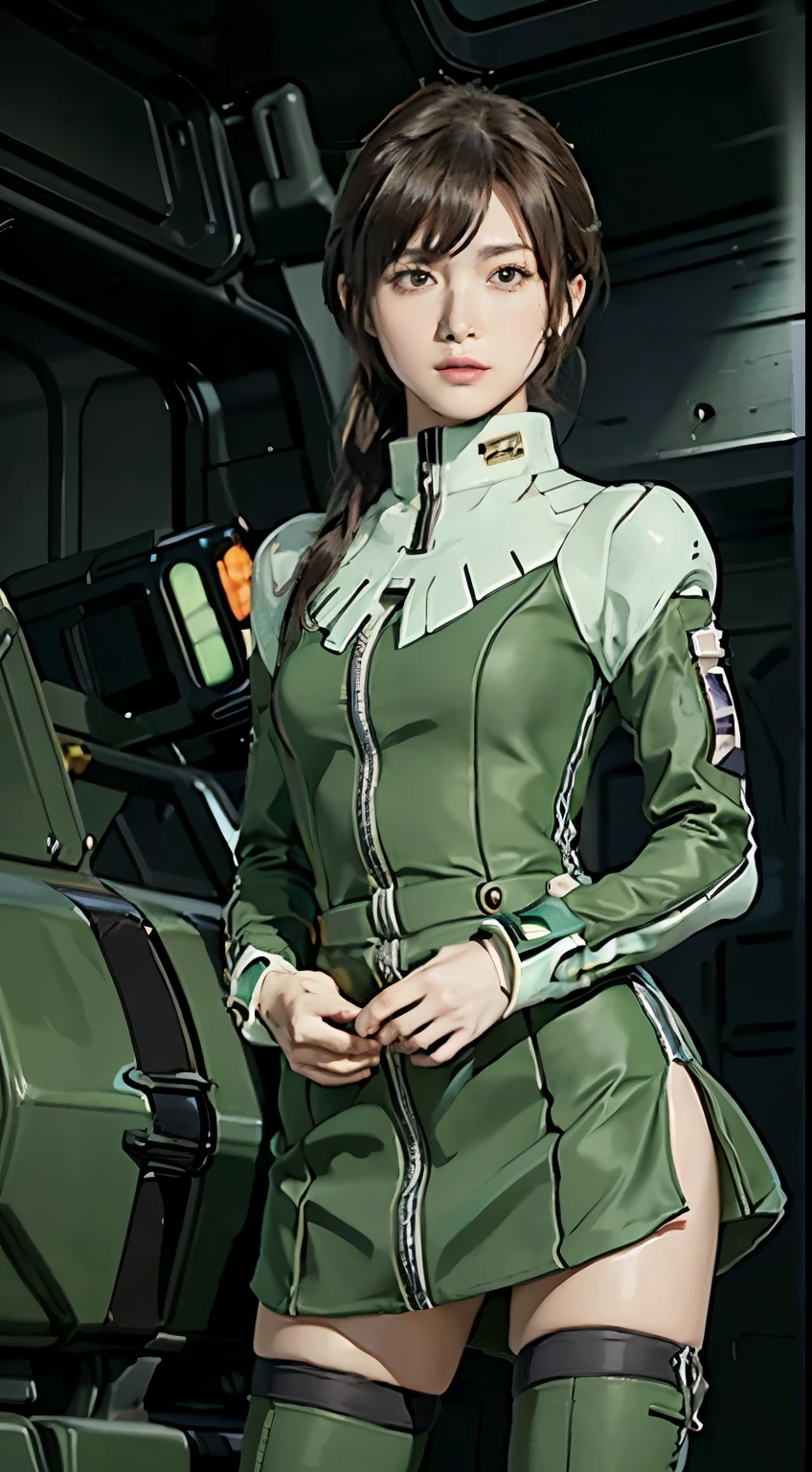 High Quality , Outstanding details, ultra high resolution, ( realism: 1.4), best illustration, , one very condensed girl in a racing suit, Reality Manipulation Scenario with Delicate and Beautiful Faces , wearing a black and green mecha , wearing a mecha helmet , miniskirt that snaps around the knee、 holding a direction control device , Wearing, Wearing背景は未来都市のハイテク照明シーン.
