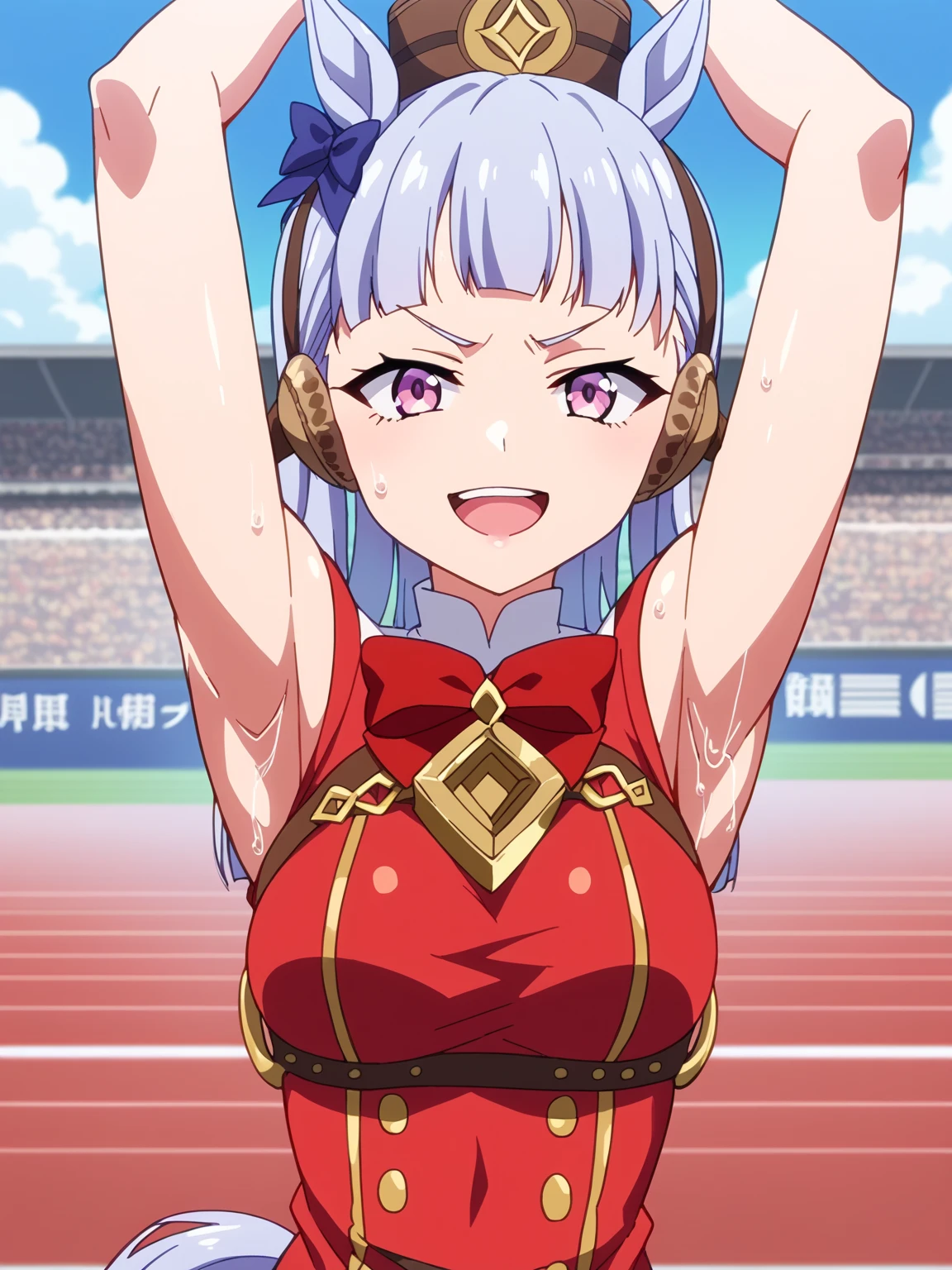 score_9, score_8_up, score_7_up, source_anime, anime screencap, 1girl, solo, umpdgoldship, horse tail, pillbox hat, red dress, bow, sleeveless, arms up, raised arms, armpits, from above, looking at viewer, head towards viewer, smile, open mouth, badhandv4, outdoors, race track, sweaty, smug,  detailed armpits, sweaty armpits, sweating