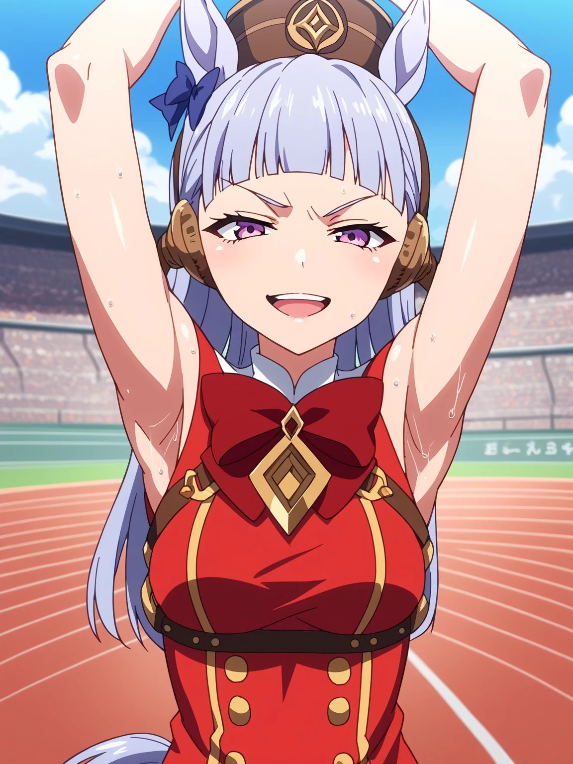 score_9, score_8_up, score_7_up, source_anime, anime screencap, 1girl, solo, umpdgoldship, horse tail, pillbox hat, red dress, bow, sleeveless, arms up, raised arms, armpits, from above, looking at viewer, head towards viewer, smile, open mouth, badhandv4, outdoors, race track, sweaty, smug,  detailed armpits, sweaty armpits, sweating