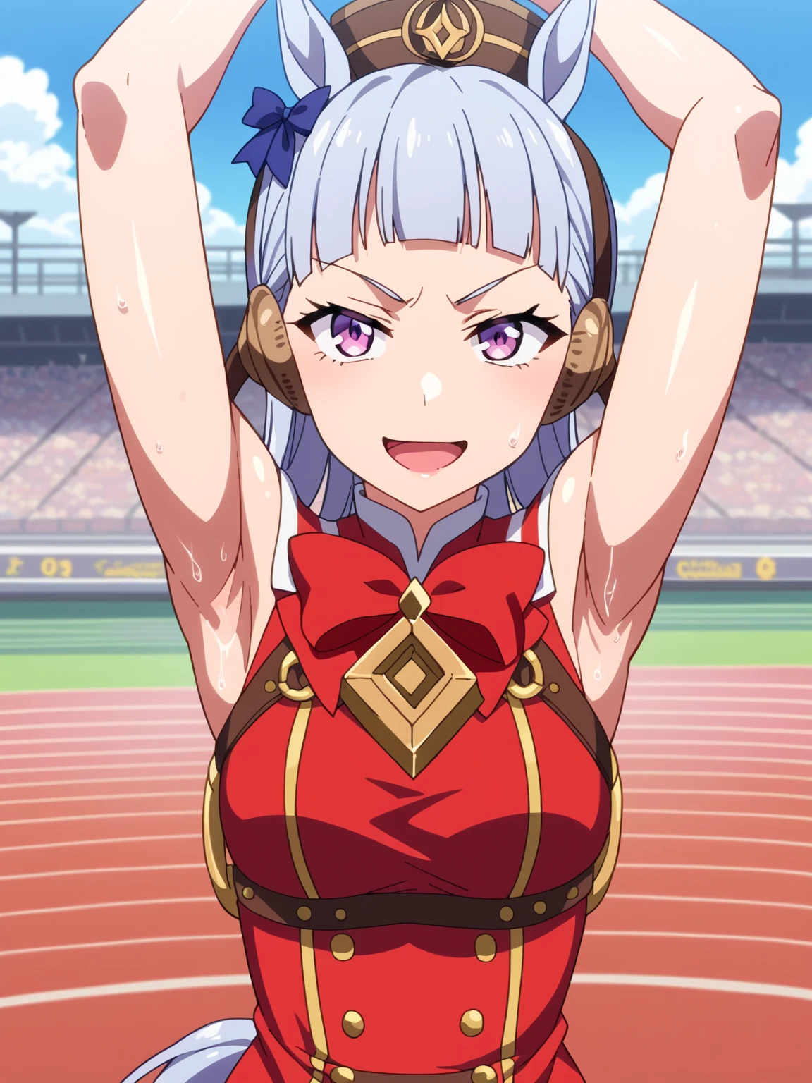 score_9, score_8_up, score_7_up, source_anime, anime screencap, 1girl, solo, umpdgoldship, horse tail, pillbox hat, red dress, bow, sleeveless, arms up, raised arms, armpits, from above, looking at viewer, head towards viewer, smile, open mouth, badhandv4, outdoors, race track, sweaty, smug,  detailed armpits, sweaty armpits, sweating