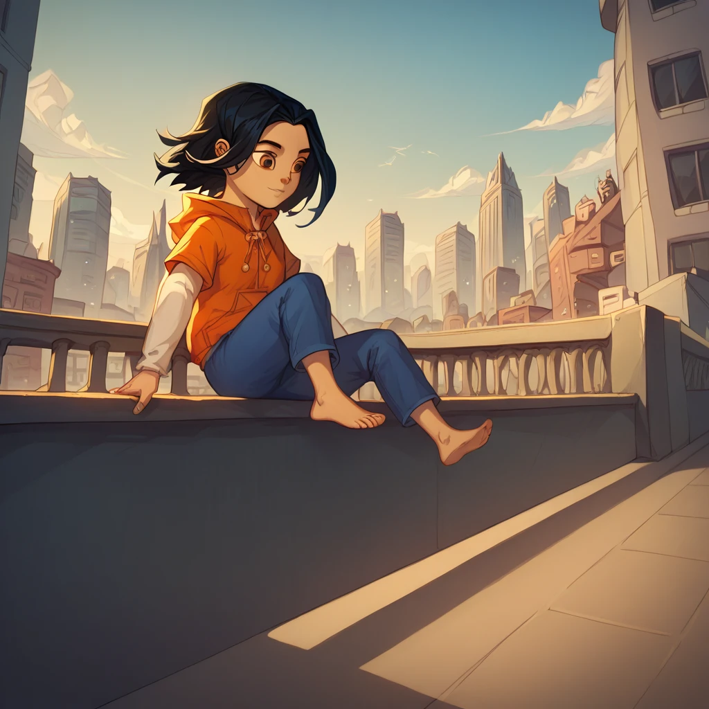 score_9, score_8_up, score_7_up, semirealistic girl sitting on bridge, , jadechan, short black hair, solo, brown eyes, wind, 1girl, orange hoodie, long white sleeves, blue pants, barefoot, city in the background, clear sky, 