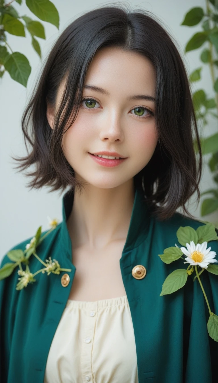 Ivyの貼ったWhite wall、White wall、White wallの前に花束を持った女性が立っている,  very cute  、 teenager , slim、thin、super cute girl、  black hair、 shorthair ,  short bob、Assertive 、Lofi Girl, Ivy, wearing blue-Green clothes, With flowers, Low quality photos, Cape, Green clothes, photo shoot, Smooth input _ background, Lofi Girlのaesthetics, 🤤 Portrait of a Girl, beautiful!!, Long Wear ,   Relaxed clothing  ,   relaxed posture  , aesthetics