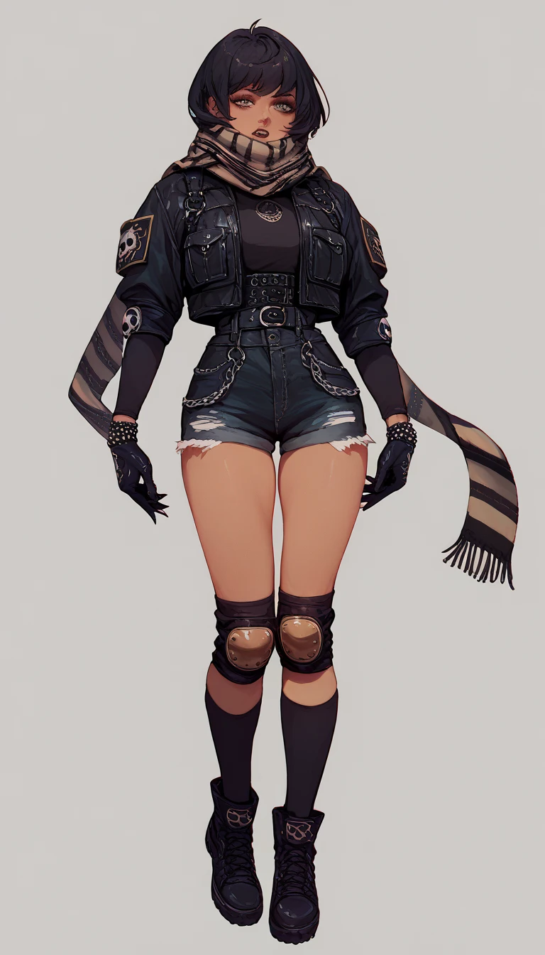 Goth Noir (nod) wearing a black catsuit. Pale skin full body bulletproof vest ans short shorts. thigh Heights. Come back gloves. Tan linds. Knee pads. Military scarf.