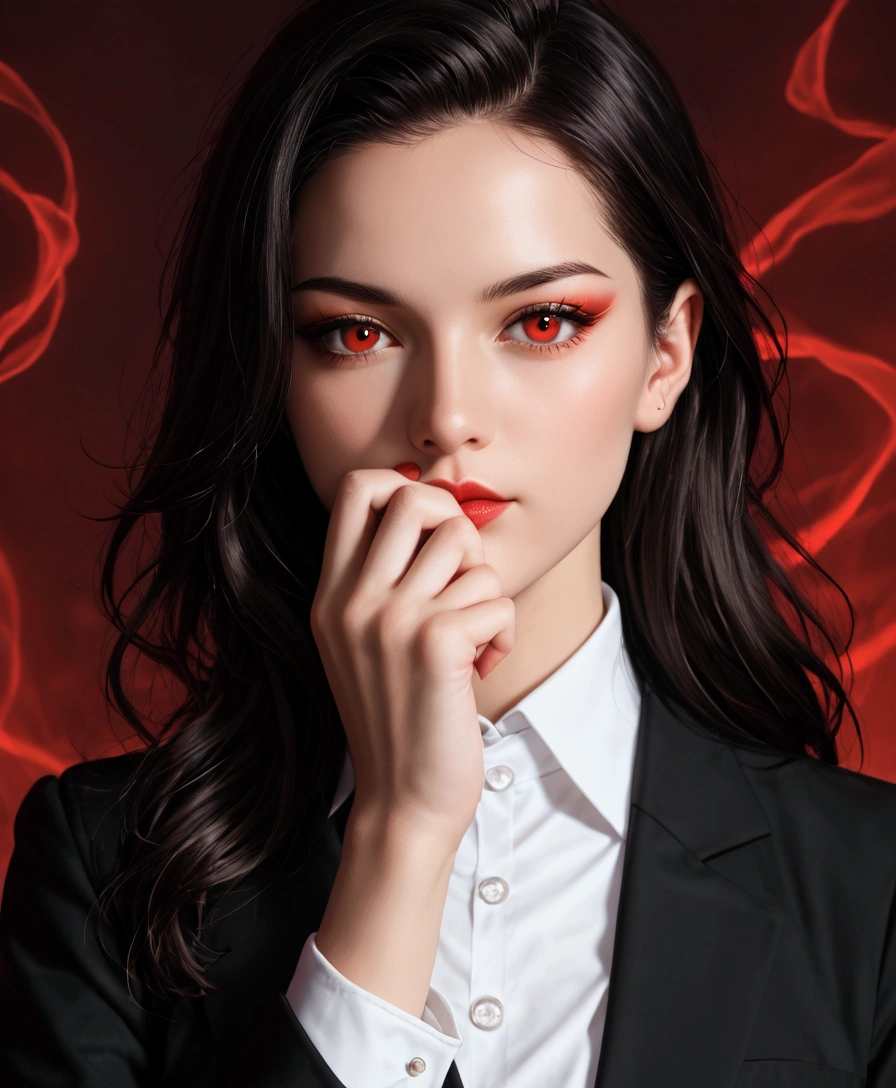 Anime-style image featuring a female character with long black hair and striking red eyes, highlighted by a glowing red effect. She has a mischievous expression, with a hand partially covering her mouth. The character is wearing a red and black outfit with a white collar, adding contrast to her appearance. The background is a blurred, abstract pattern in shades of gray, which enhances the focus on the character. The overall color palette is dark with vivid red accents, creating a dramatic and intense atmosphere.