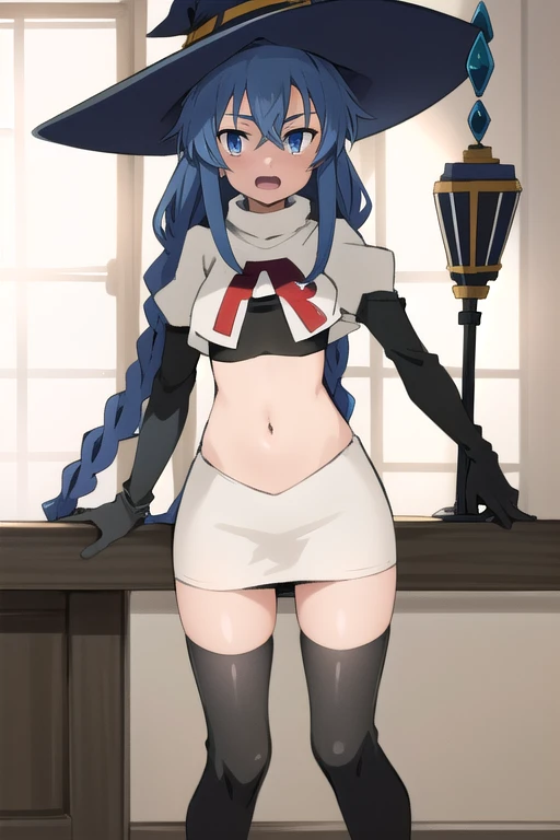 1girl, solo, petite body, roxy migurdia, blue hair, long hair, low twin braids, hair ribbon, hair between eyes, ahoge, blue eyes, small breasts, witch hat, holding staff, looking at viewer,team rocket,team rocket uniform,white skirt,red letter R,crop top,black thigh-highs,black elbow gloves, (masterpiece:1.4), (best quality:1.4), (absurdres:1.0), (intrincate), (full sharp), (extremely detailed:1.5), (exquisite details), (high definition), (anime, anime coloring:1.35),  