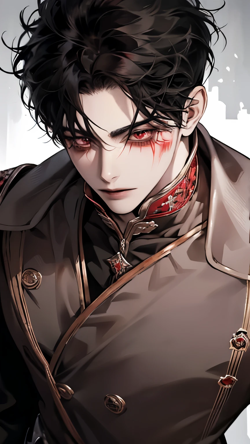 ((Male, around 18 years old:1.2)),(extremely detailed 8K wallpaper),(ultra-detailed),(best quality),(masterpiece),(highly detailed),(cinematic lighting),(Original),Cold ligh,moody,(Chinese elaborate-style painting ),ink style,32K depth of field,1girl,solo,((busts)),((red marks on forehead)),(((villain image)))