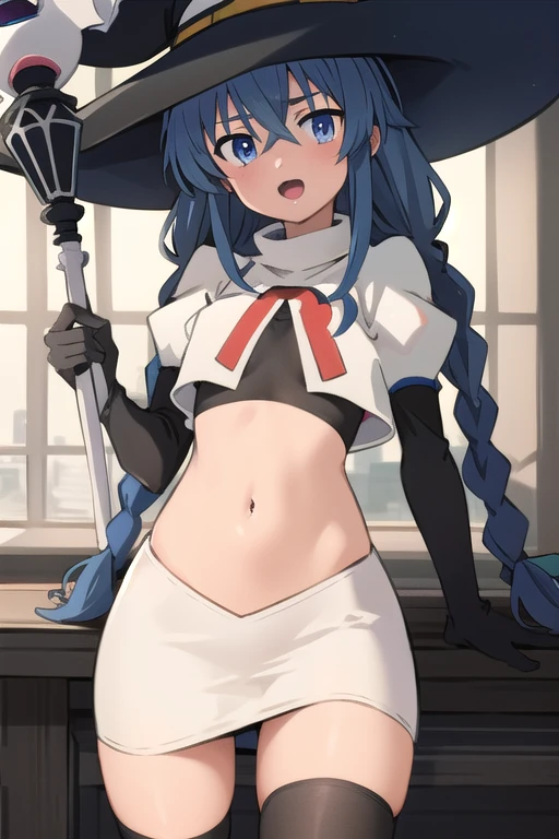 1girl, solo, petite body, roxy migurdia, blue hair, long hair, low twin braids, hair ribbon, hair between eyes, ahoge, blue eyes, small breasts, witch hat, holding staff, looking at viewer,team rocket,team rocket uniform,white skirt,red letter R,crop top,black thigh-highs,black elbow gloves, (masterpiece:1.4), (best quality:1.4), (absurdres:1.0), (intrincate), (full sharp), (extremely detailed:1.5), (exquisite details), (high definition), (anime, anime coloring:1.35),  