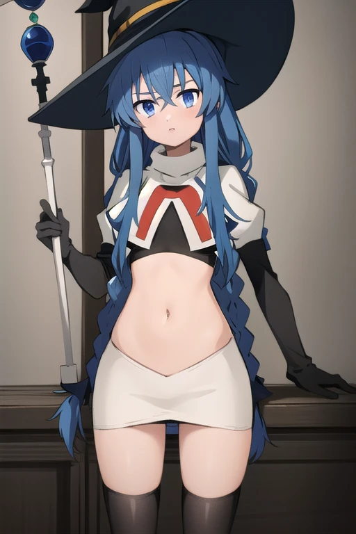 1girl, solo, petite body, roxy migurdia, blue hair, long hair, low twin braids, hair ribbon, hair between eyes, ahoge, blue eyes, small breasts, witch hat, holding staff, looking at viewer,team rocket,team rocket uniform,white skirt,red letter R,crop top,black thigh-highs,black elbow gloves, (masterpiece:1.4), (best quality:1.4), (absurdres:1.0), (intrincate), (full sharp), (extremely detailed:1.5), (exquisite details), (high definition), (anime, anime coloring:1.35),  