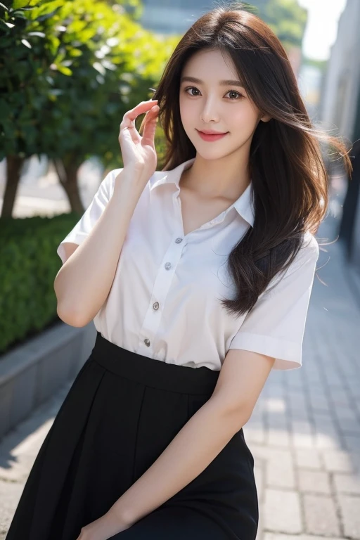 A young woman posing outdoors with a gentle smile. She has straight, dark brown hair and is wearing a Thai university uniform, which is white short arm shirt and black pencil skirt. Her hands rest on her waist, giving her a playful, slightly edgy look. The background is blurred with greenery and urban elements, suggesting an outdoor, city-like setting.

She has a soft, youthful face with fair skin and a smooth complexion. Her eyes are large and expressive, with a subtle, natural makeup look that enhances her features. She has a small, delicate nose and a gentle, relaxed smile that adds to her approachable and friendly appearance. The image quality is high, with sharp details in her hair, face, and clothing. The colors are vibrant yet natural, capturing the subtle highlights and shadows on her face and hair. The background is slightly out of focus, creating a bokeh effect that emphasizes her as the main subject.

She has large breasts. Image is fullbody