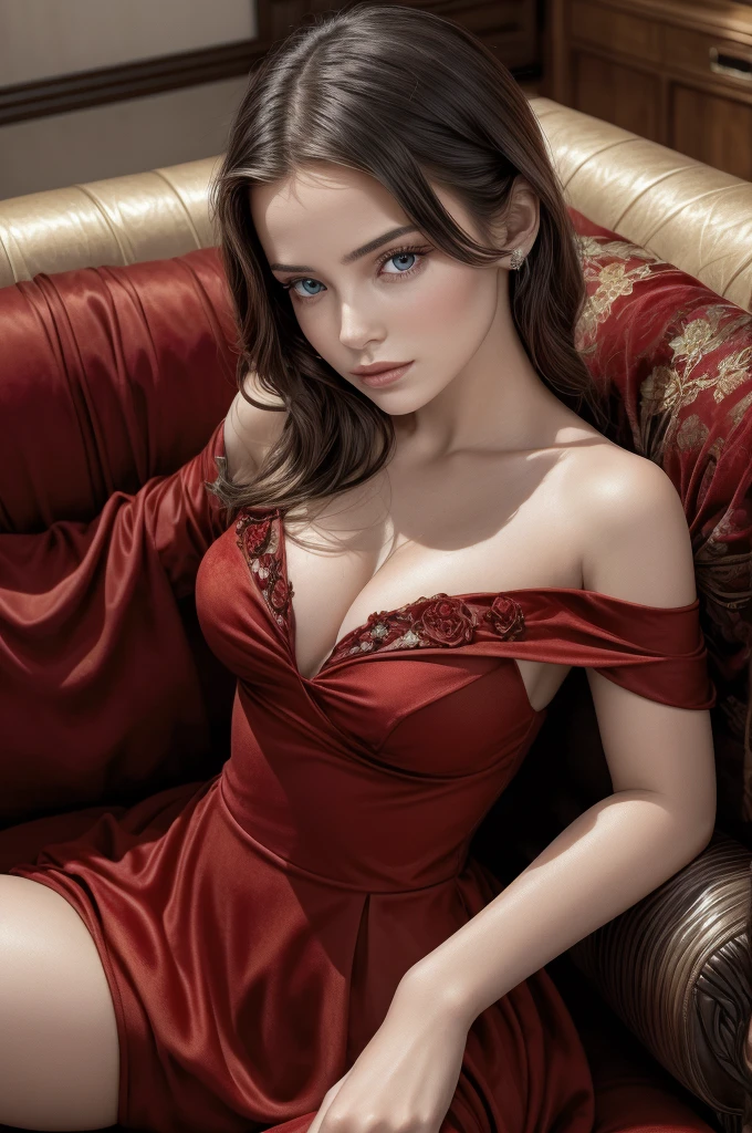 
 a busy woman in a red dress sitting on a sofa,  stunning woman , elegant and stunning pose, elegant woman, elegant fashion model ,  ornate dark red opulent clothing , beautiful girl,  wrapped in velvet and flowers , elegant portrait,  stunning woman , exquisite aristocratic , beautiful woman, beautiful elegant attractive , Elegant girl,  sexy woman, by Hristofor Zhefarovich