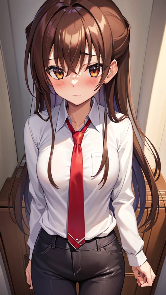 (masterpiece, best quality:1.2), expressive eyes, perfect face, highres, 1girl, solo, (female:1.5), issei_hyoudou, long hair, long sleeves,  jacket, necktie, red necktie,  shirt, pants, blushing, standing, portrait, looking at viewer,