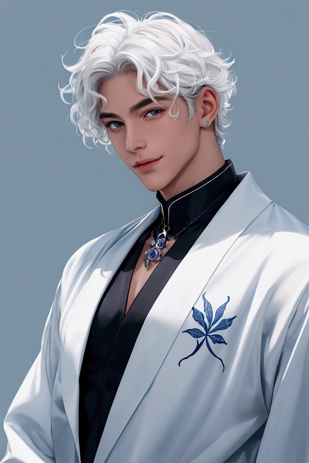 a close up of a person with short hair and a white clothes, shinazugawa sanemi, shinazugawa sanemi from anime demon slayer, as an anime character, perfect anime face, he has white hair with bangs, male anime character, anime character, anime best man, hime cut hairstyle, white hair, purple eyes, smile, realistic, ultra detail, city background, (handsome face:1.3)