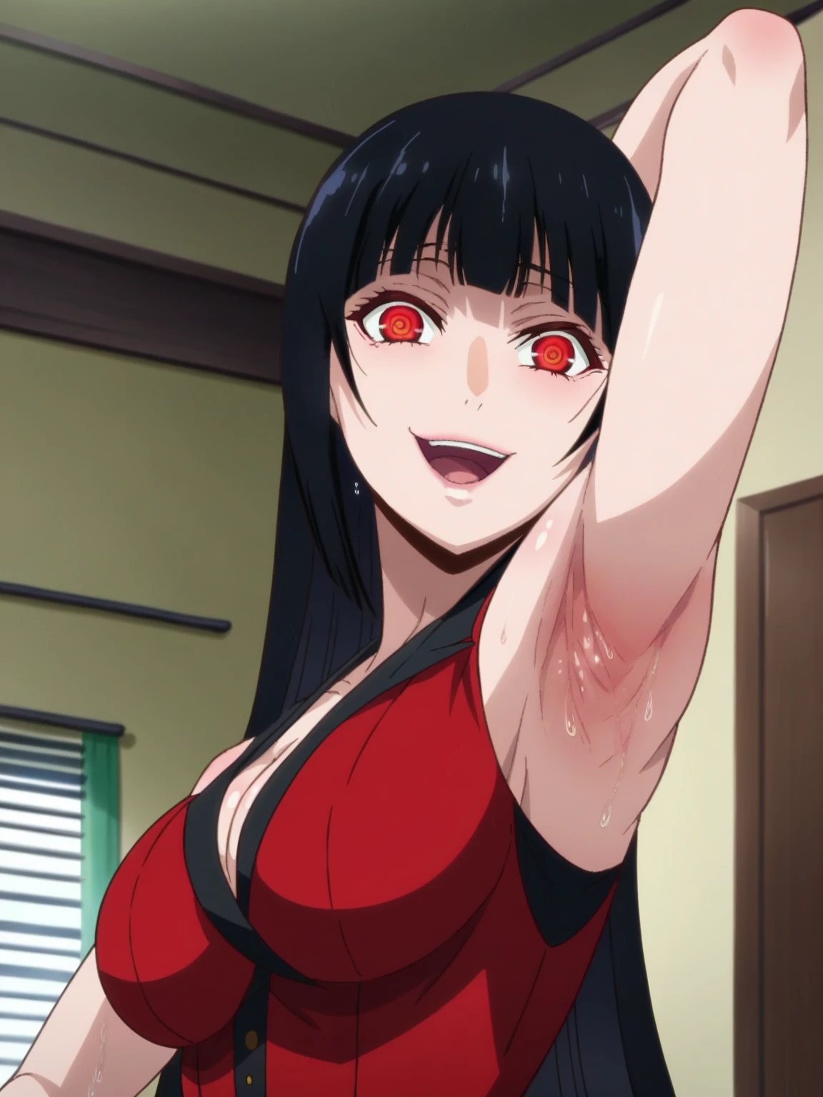 score_9, score_8_up, score_7_up, source_anime, anime screencap, 1girl, solo, indoors, day, Jabami Yumeko, red eyes, black hair, long hair, bangs, large breasts, red blazer, cleavage, bare shoulders, bare arms, looking at viewer, eye contact with viewer, head towards viewer, smile, (smug:0.9), open mouth, laughing, arm behind head, armpit, armpit up close, close-up of armpit, from side, from below, kakegurui_style, detailed armpits, sweaty armpits