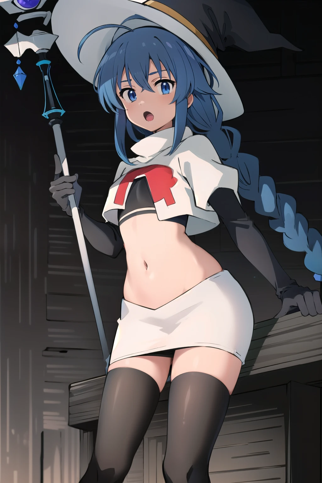 1girl, solo, petite body, roxy migurdia, blue hair, long hair, low twin braids, hair ribbon, hair between eyes, ahoge, blue eyes, small breasts, witch hat, holding staff, looking at viewer,team rocket,team rocket uniform,white skirt,red letter R,crop top,black thigh-highs,black elbow gloves, (masterpiece:1.4), (best quality:1.4), (absurdres:1.0), (intrincate), (full sharp), (extremely detailed:1.5), (exquisite details), (high definition), (anime, anime coloring:1.35),  