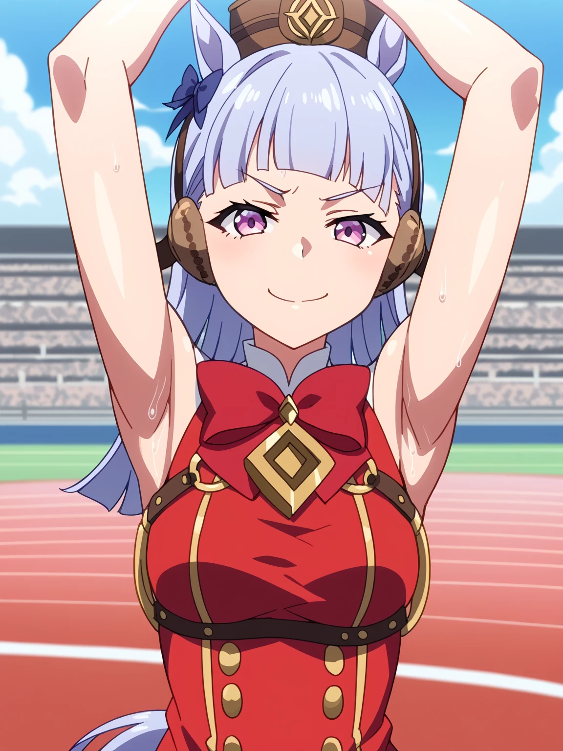 score_9, score_8_up, score_7_up, source_anime, anime screencap, 1girl, solo, umpdgoldship, horse tail, pillbox hat, red dress, bow, sleeveless, arms up, raised arms, armpits, from above, looking at viewer, head towards viewer, smile, close mouth, badhandv4, outdoors, race track, sweaty, smug,  detailed armpits, sweaty armpits, sweating