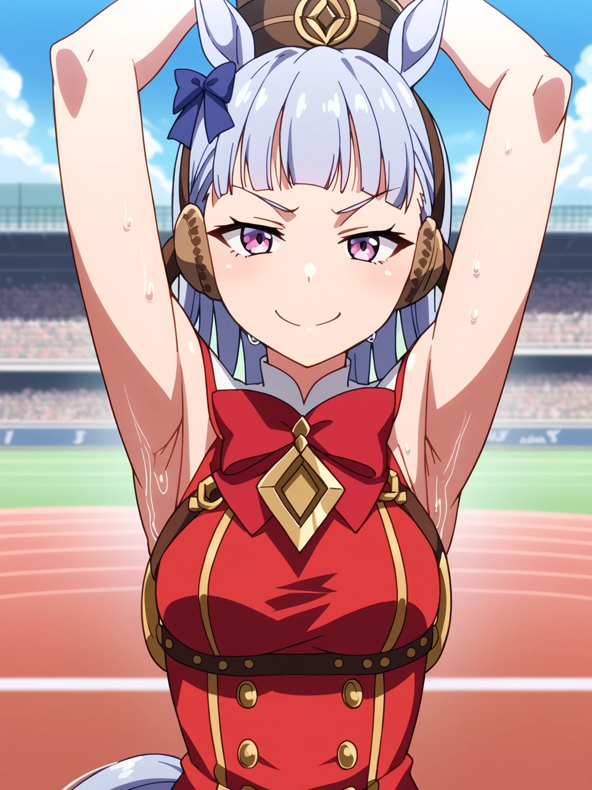 score_9, score_8_up, score_7_up, source_anime, anime screencap, 1girl, solo, umpdgoldship, horse tail, pillbox hat, red dress, bow, sleeveless, arms up, raised arms, armpits, from above, looking at viewer, head towards viewer, smile, close mouth, badhandv4, outdoors, race track, sweaty, smug,  detailed armpits, sweaty armpits, sweating