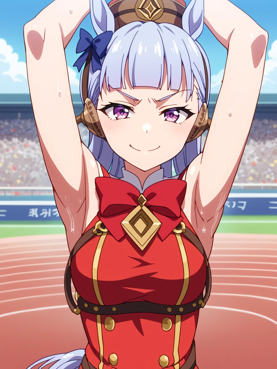 score_9, score_8_up, score_7_up, source_anime, anime screencap, 1girl, solo, umpdgoldship, horse tail, pillbox hat, red dress, bow, sleeveless, arms up, raised arms, armpits, from above, looking at viewer, head towards viewer, smile, close mouth, badhandv4, outdoors, race track, sweaty, smug,  detailed armpits, sweaty armpits, sweating