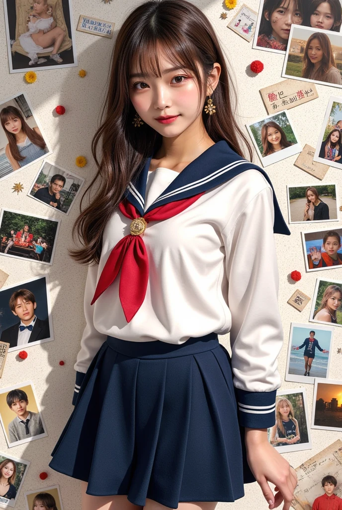 Perfect composition, Proper placement, Golden Ratio, masterpiece,  best quality,  high definition ,  one Japanese woman,  Beautiful Japanese Woman , standing:1.331,  Wearing a Japanese High School Sailor Suit:1.331,  Anatomically Correct Ratio :1.331,  has a small head :1.331, Slender body:1.331,  thin waist:1.331, Thin limbs:1.331,  flat chest:1.331, Brown Hair,  long hair,  hair that flutters like, Summer daytime, Background with magazine scraps, photos, and postcards, Light and Shadow, Movie Lighting, 