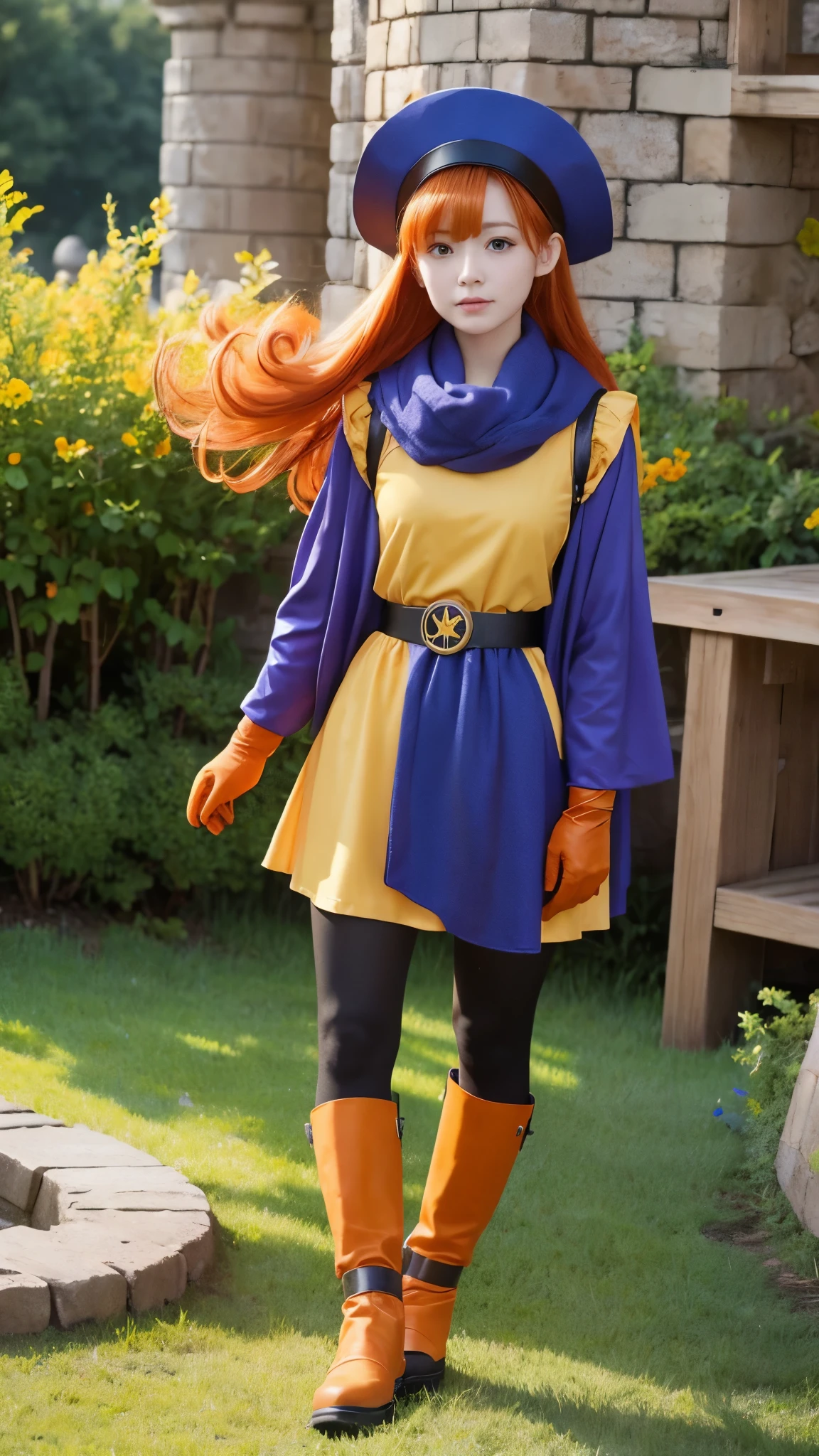 Girl、 has orange wavy hair and purple eyes I'm here。Wear a big blue hat、 also wears a blue cloak 。Wears a yellow tunic 、 has a waist tightened with black tights and a belt 。 wears orange gloves on her hands 、 wears orange boots around her feet 。Castle、
