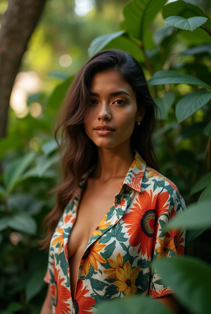 A Brazilian woman in a lush tropical garden, wearing an open shirt with a floral print, with a close-up capturing the harmonious beauty between her breasts and the natural flowers, showing off your natural charm and outgoing personality.