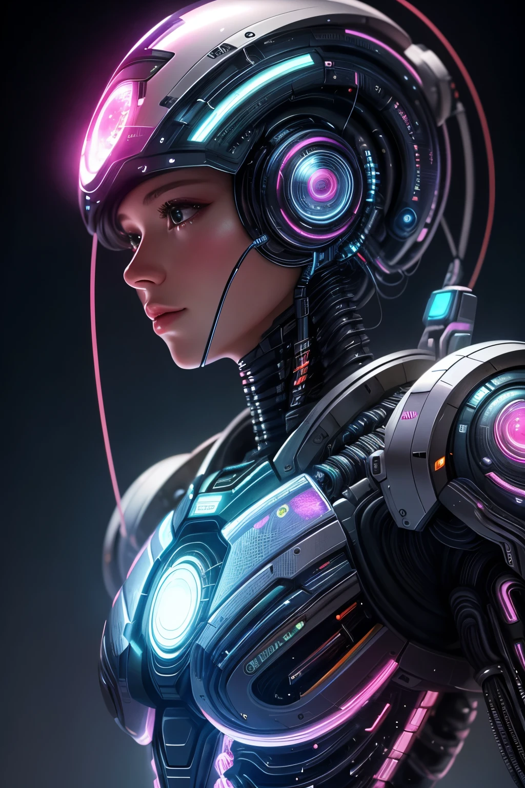 ( best quality , realistic:1.37, ultra-detailed , extremely detailed , cyber organism :1.1), beautiful drawing, Tracking robot with the head of a beautiful girl, Complex, bright colors, Professional, sci-fi, white studio lighting , cyber punk
