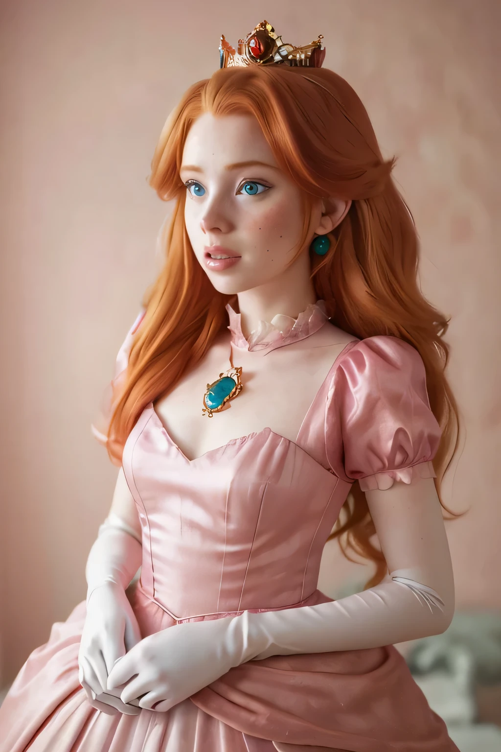 1girl in, age21, Madelaine Petsch, photo of perfect woman, 5'3", Solo, Aesthetic artwork, (irish  redhead, wavy ginger hair, shoulder length ginger hair:1.25), (some small freckles, pale skin, small breasts, B-cup, runners body, very thin waist, skinny, petite, detailed skin texture), (blank background, plain background, blank wall, (wearing an Pink ballgown, pink gown,  long silk gloves, star Crown, princess peach, Mario's princess peach cosplay), (extremely detailed 8k wallpaper), soft lighting, high quality, film grain, Fujifilm XT3 sharp focus, f 5.6, 50mm, High Detail, Sharp focus,(natural light), crazy details, complex details, hyper detailed