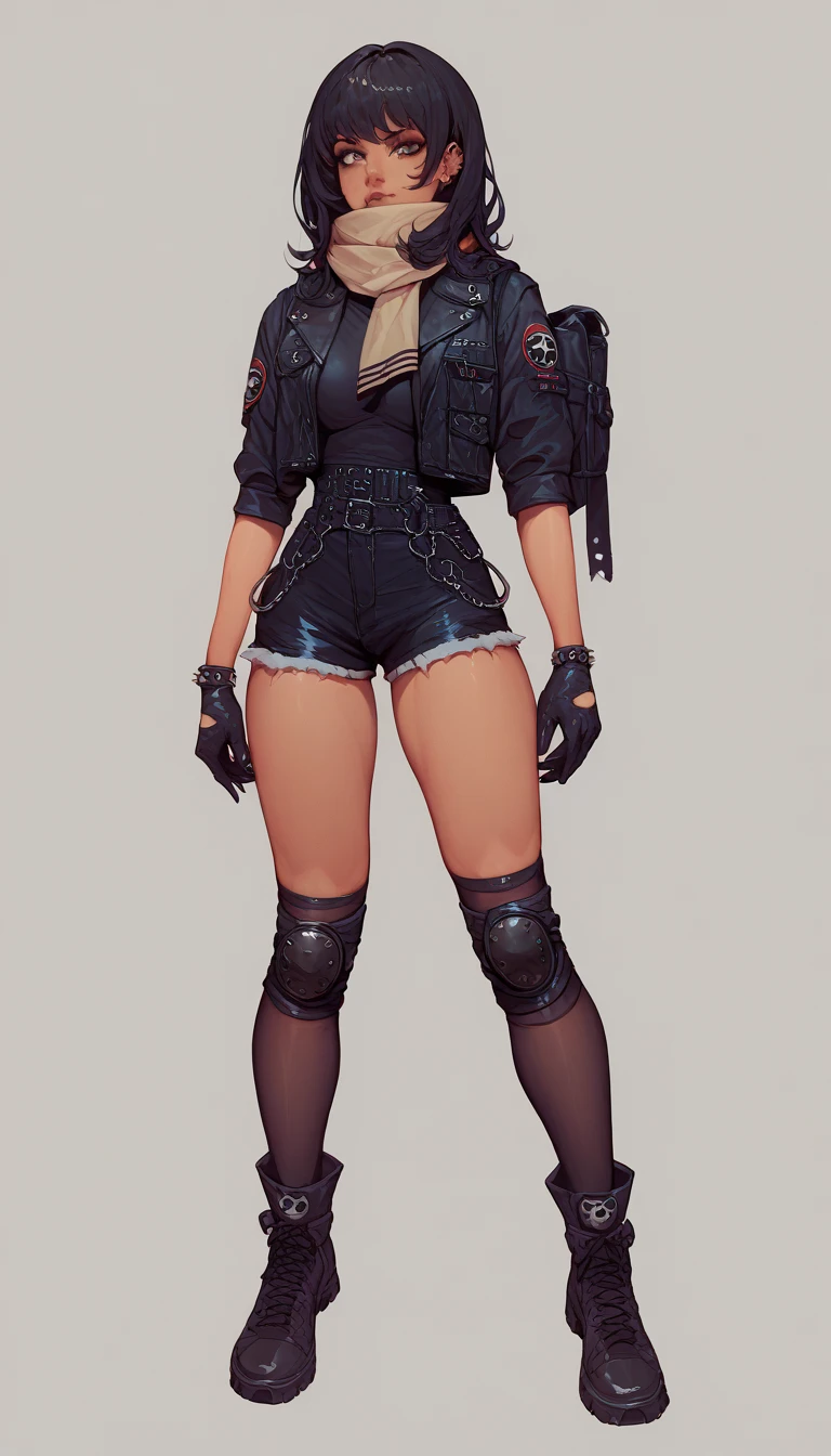 Goth Noir (nod) wearing a black catsuit. Pale skin full body bulletproof vest and tight short shorts. thigh Heights. Come back gloves. Tan linds. Knee pads Military scarf. 