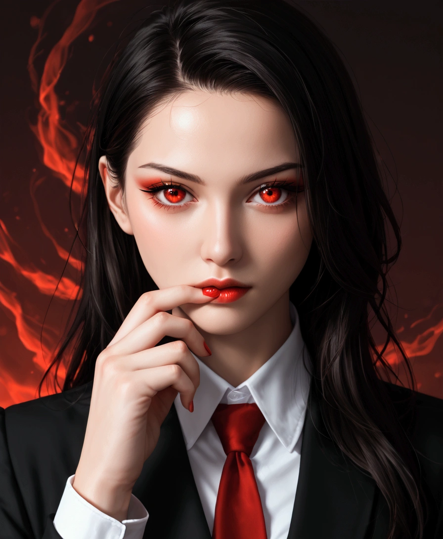 Anime-style image featuring a female character with long black hair and striking red eyes, highlighted by a glowing red effect. She has a mischievous expression, with a hand partially covering her mouth. The character is wearing a red and black outfit with a white collar, adding contrast to her appearance. The background is a blurred, abstract pattern in shades of gray, which enhances the focus on the character. The overall color palette is dark with vivid red accents, creating a dramatic and intense atmosphere.