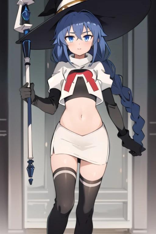 1girl, solo, roxy migurdia, blue hair, long hair, low twin braids, hair ribbon, hair between eyes, ahoge, blue eyes, small breasts, witch hat, team rocket,team rocket uniform,white skirt,red letter R,crop top,black thigh-highs,black elbow gloves, holding staff, looking at viewer, 