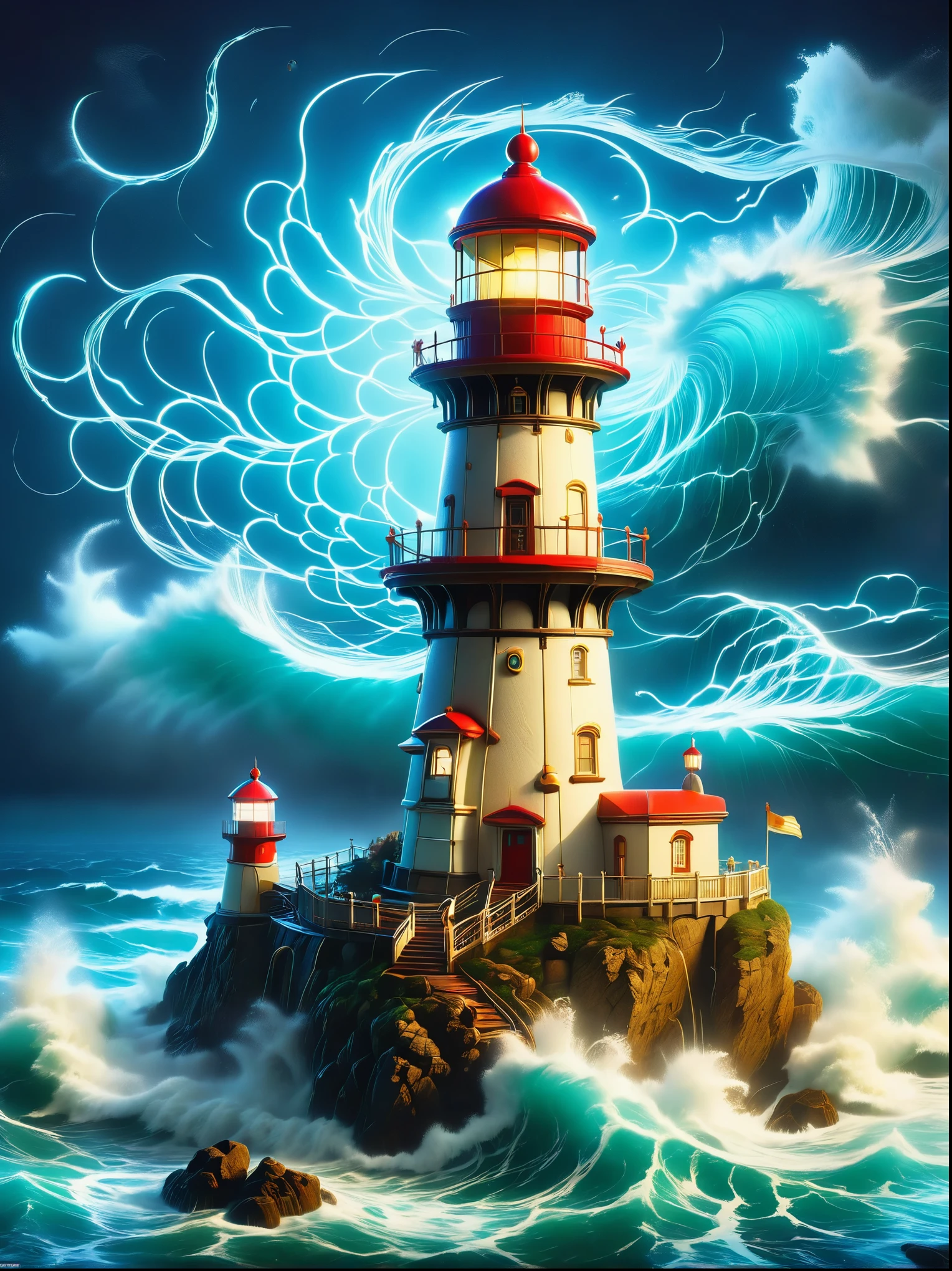  Beautiful lighthouse made in Persian architectural style， Dark night ， strong wind ， rain storm ，Raio，large waves，[cliff，( light at the top of the lighthouse :1.5)，3d style，lbender ， Fluffy surface color ， The strongest in the universe ， Main navigation ，future technology， mechanical lighthouse ，Studio Ghibli style，clean background，simple