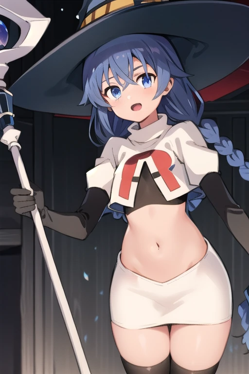 1girl, solo, roxy migurdia, blue hair, long hair, low twin braids, hair ribbon, hair between eyes, ahoge, blue eyes, small breasts, witch hat, team rocket,team rocket uniform,white skirt,red letter R,crop top,black thigh-highs,black elbow gloves, holding staff, looking at viewer, 