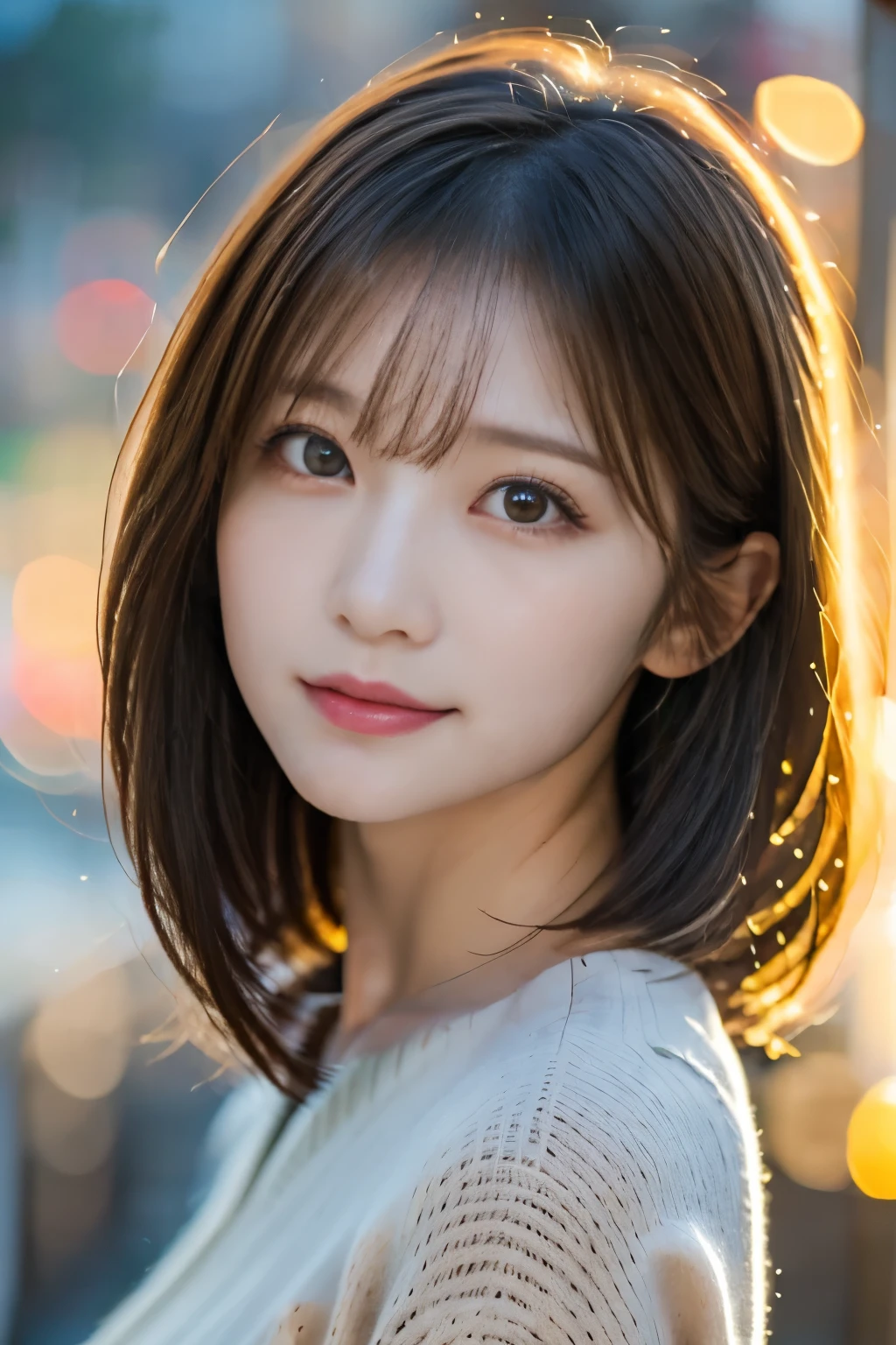 12K、hdr、Bit depth 10 bits、((100mm lens opening value Ｆ1.2))，((Focus on the eyes))、 bright sunset shining on face、dusk、  Japanese、((Face photo))、((Face-only photo))、 are clearly lowered、The background is the sunset、自然Expression、color々Expression、Adult Woman、Attractive woman、colorっぽいAdult Woman、Photographed on the seashore at dusk、