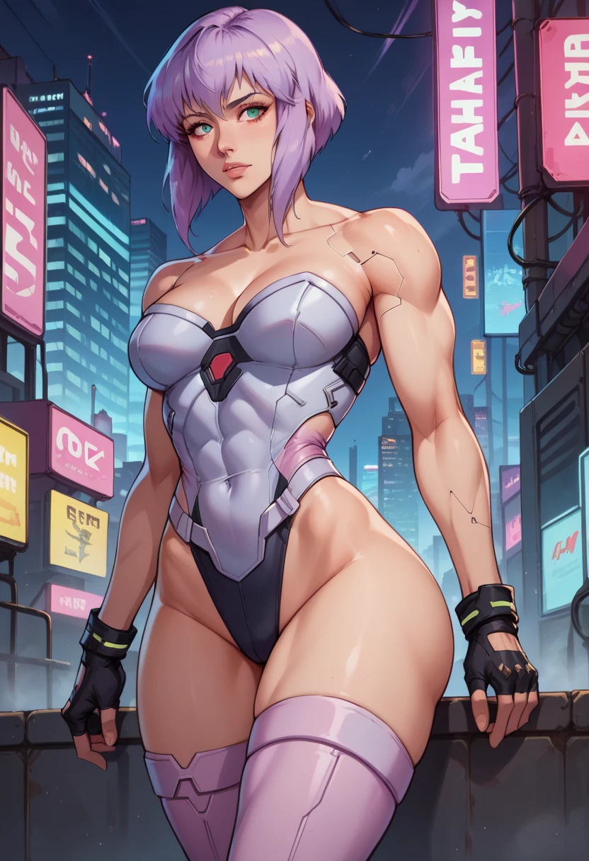 score_9, score_8_up, score_7_up, 1girl, High resolution, Very detailed, perfect lighting, beautiful detailed eyes, ((masterpiece, Best Quality)), absurdities, Alone, \(Motoko ghost in the shell\), fingerless gloves, light purple strapless leotard, sleeveless, light purple thighhighs, super muscular, adult abnormal swimsuit, cyberpunk settings, neon, night