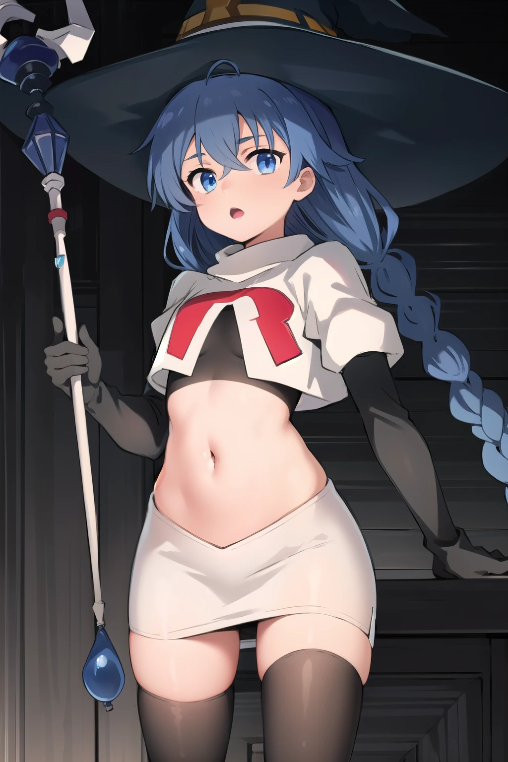 1girl, solo, roxy migurdia, blue hair, long hair, low twin braids, hair ribbon, hair between eyes, ahoge, blue eyes, small breasts, witch hat, team rocket,team rocket uniform,white skirt,red letter R,crop top,black thigh-highs,black elbow gloves, holding staff, looking at viewer, 