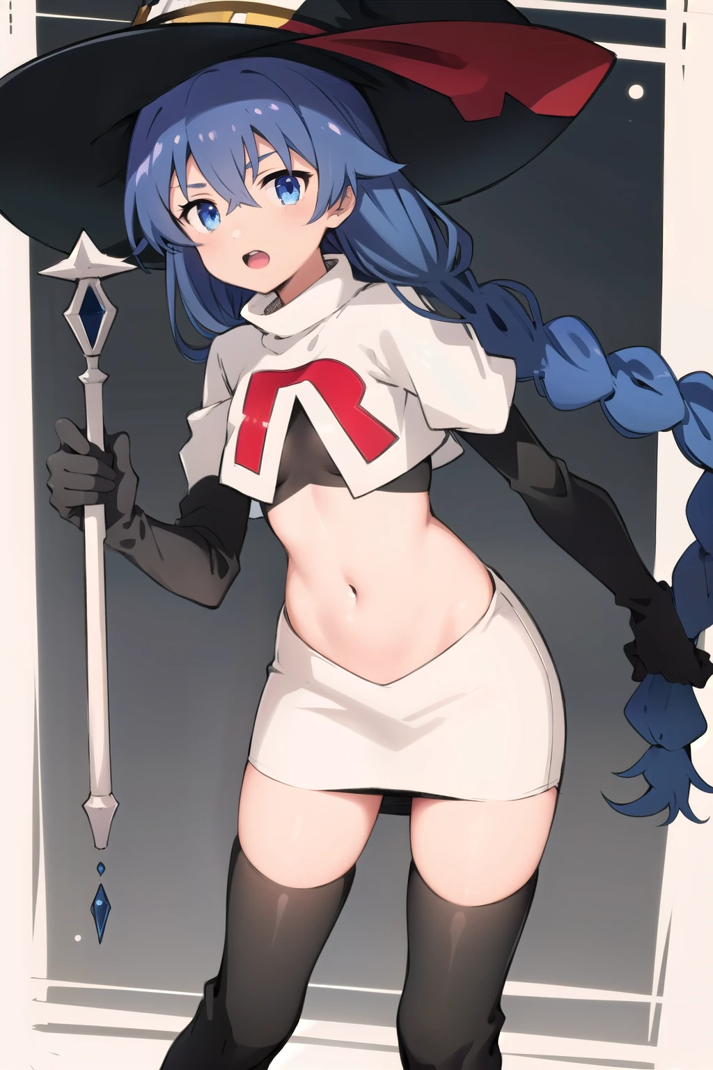 1girl, solo, roxy migurdia, blue hair, long hair, low twin braids, hair ribbon, hair between eyes, ahoge, blue eyes, small breasts, witch hat, team rocket,team rocket uniform,white skirt,red letter R,crop top,black thigh-highs,black elbow gloves, holding staff, looking at viewer, 