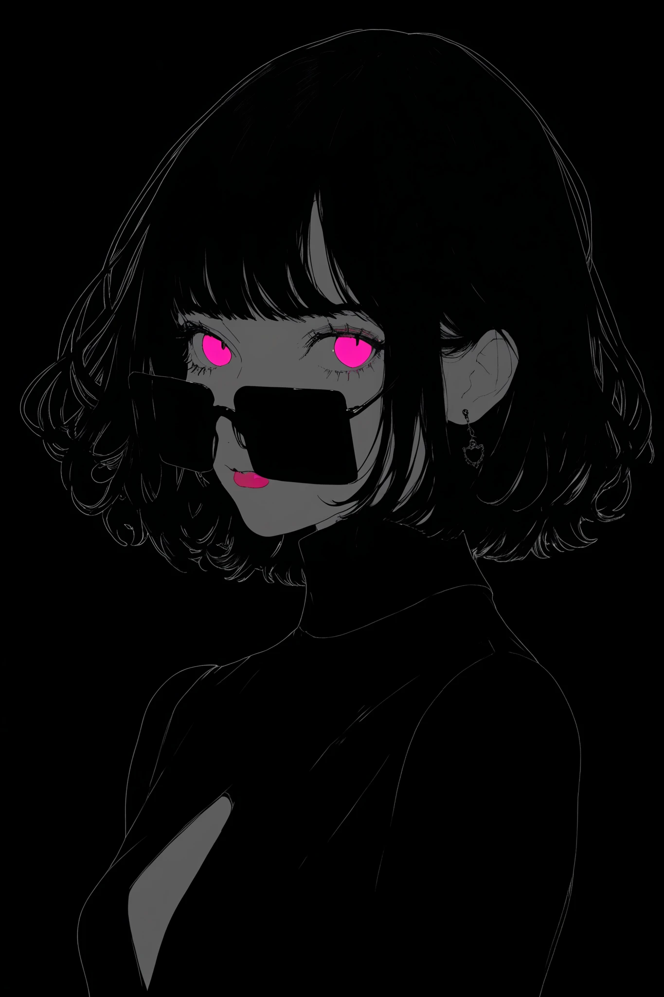 ( best quality , outline:1.2),realistic,illustrator,anime,1 girl, Detailed lips, black dress8,custom, (monochrome dark background),neon hair,textured cut, obra de until, classic retro style, dark black, until, outline book, (black bob hair:1.75 neon:1.32), Bad women , dark shadows