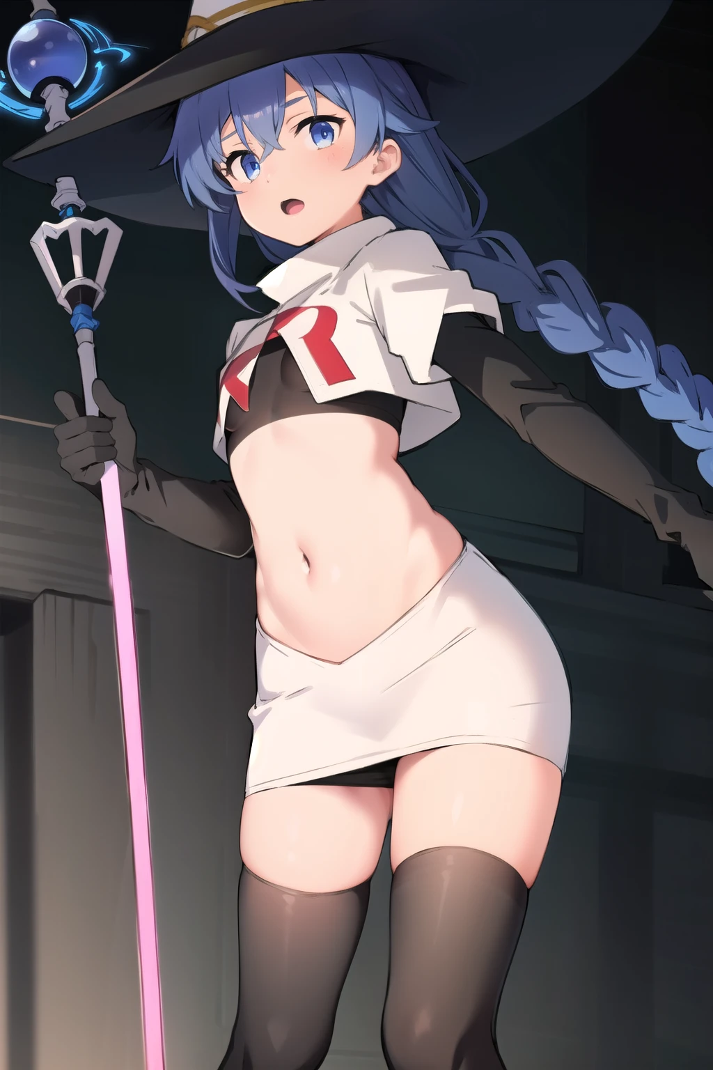 1girl, solo, roxy migurdia, blue hair, long hair, low twin braids, hair ribbon, hair between eyes, ahoge, blue eyes, small breasts, witch hat, team rocket,team rocket uniform,white skirt,red letter R,crop top,black thigh-highs,black elbow gloves, holding staff, looking at viewer, 