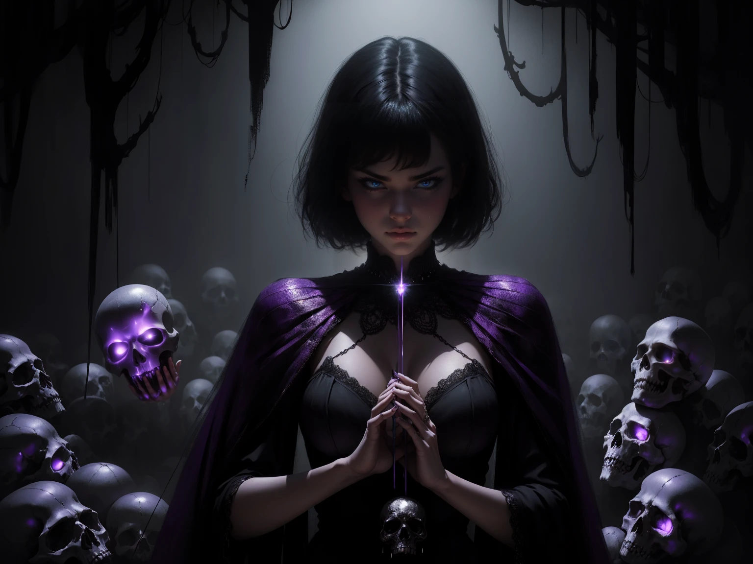 woman 30 years old, witchcraft, magician,magic clothes, where poison potions and vines abound, a woman (ruthless), short black hair (black hair), (bangs), (purple eyes), looks at you amidst a pile of bones and skulls. Indifferent look , merciless. among the skulls, dancing with a man, Angry face, dinamic poses, egoist smile,