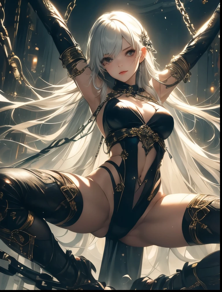  ((best quality)), ((masterpiece)), (detailed), 1girl, NSFW, small breasts, prominent collarbones, skinny arms, flat stomach, visible hip bones, long hair, ponytail, thick ponytail, heavy ponytail, red and white clothing, Bloodborne inspired, occult aesthetic, occult, detailed and intricate steampunk and detailed gothic 