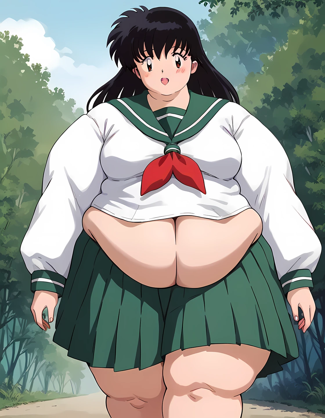 score_9, score_8_up, score_7_up, source_anime,
kagomehigurashi, kagome higurashi, long hair, black hair, retro artstyle, brown eyes, blush, open mouth,
skirt, shirt, long sleeves, school uniform, white shirt, pleated skirt, serafuku, sailor collar, neckerchief, green skirt, red neckerchief,
outdoors, forest, nature,
looking at viewer,  fat, chubby, obese, gigantic arms and legs,  walking, bulging belly