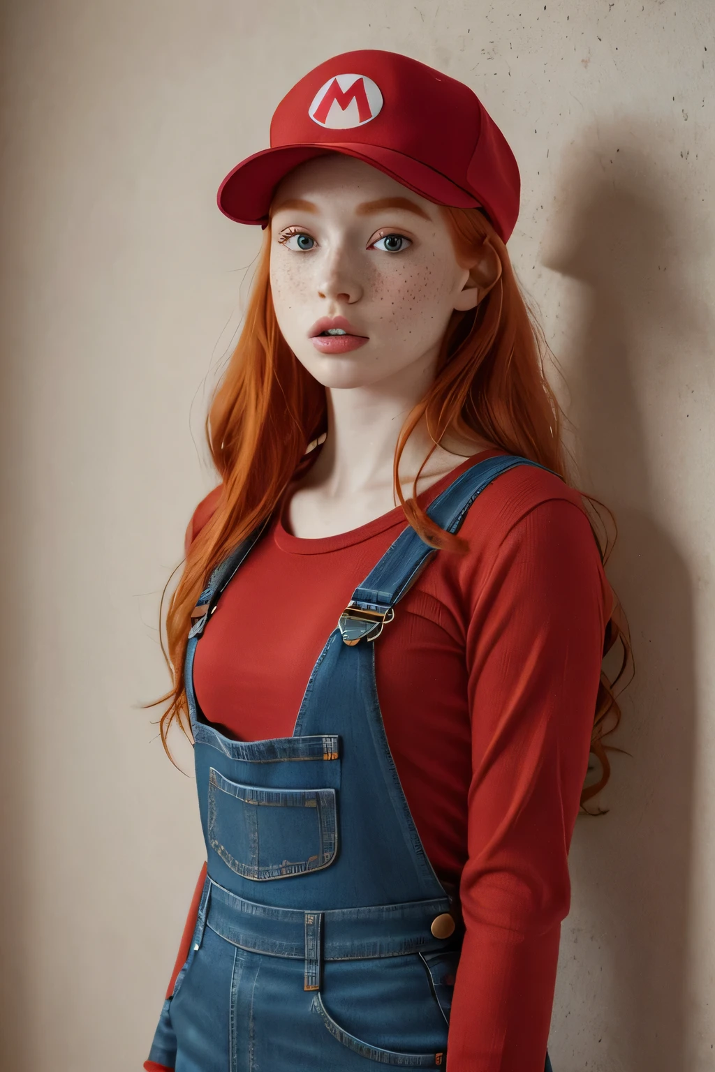 1girl in, age21, Madelaine Petsch, photo of perfect woman, 5'3", Solo, Aesthetic artwork, (irish  redhead, wavy ginger hair, shoulder length ginger hair:1.25), (some small freckles, pale skin, small breasts, B-cup, runners body, very thin waist, skinny, petite, detailed skin texture), (blank background, plain background, blank wall, (wearing an red long sleeve shirt, ruby red shirt, blue denim overalls, red painters cap, female super Mario, gender swap Mario cosplay), (extremely detailed 8k wallpaper), soft lighting, high quality, film grain, Fujifilm XT3 sharp focus, f 5.6, 50mm, High Detail, Sharp focus,(natural light), crazy details, complex details, hyper detailed